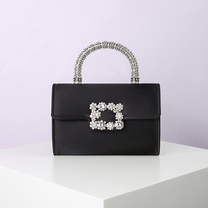 RV Rhinestone Imitation Silk Chain Single Shoulder Diagonal Cross Hand-Held Bag, Silver Buckle Versatile Fashionable Dinner Bag