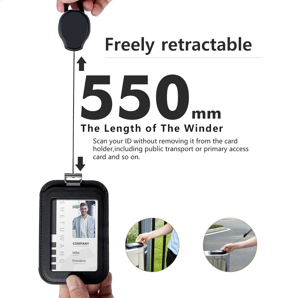 CASEKEY Retractable Lanyard ID Badge Holder Leather Bank Bus Metro Pass Card Case Cover Men Women Name Tag Card Holder Strap 250207