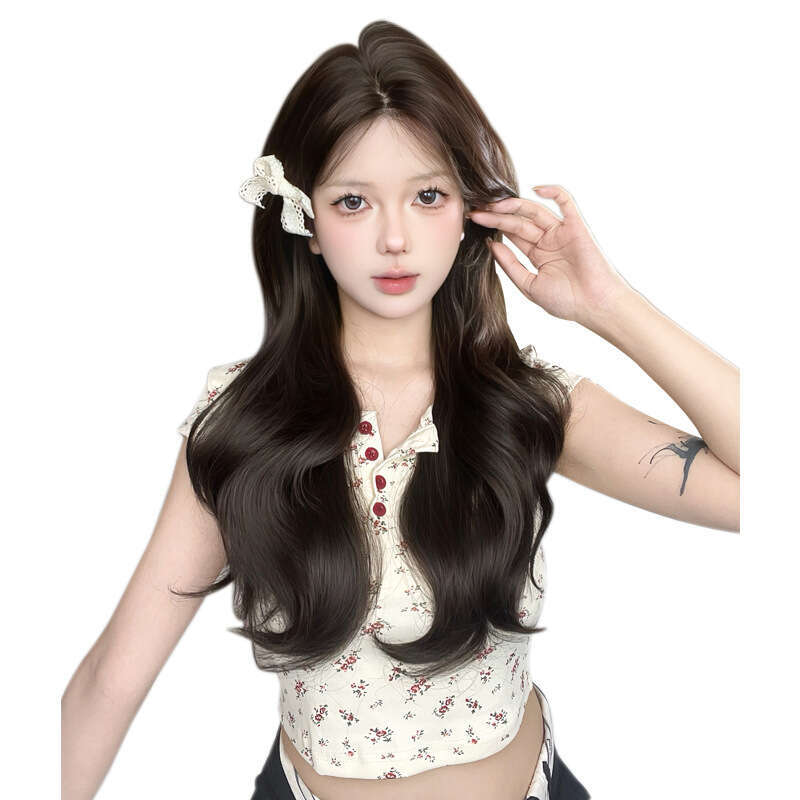 Lace Front Wig Cover T Shape Daily Black Tea Colored Wig With Front Lace Fetal Bangs Long Curly Hair Natural Full Head Cover