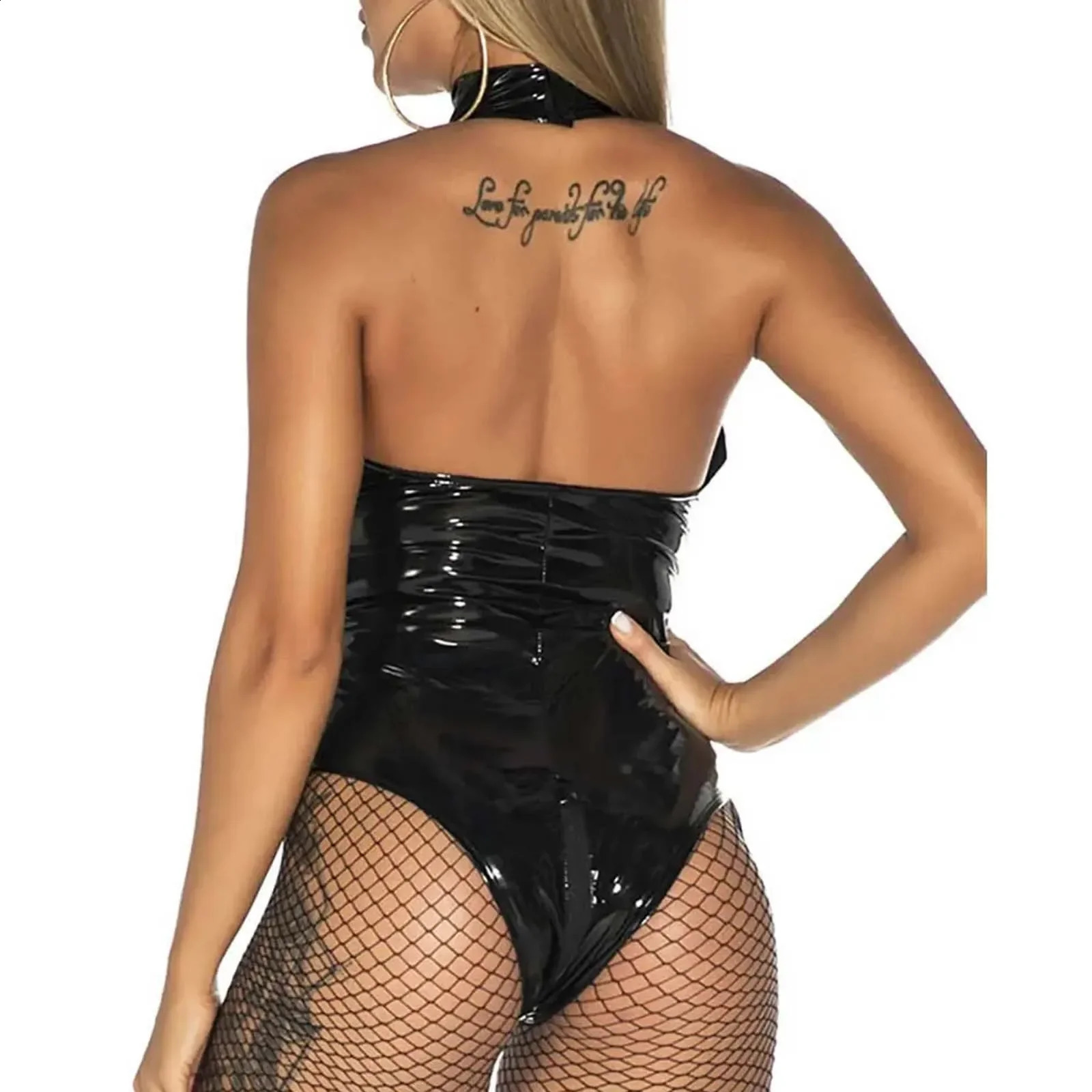 Womens Tight Fitting Mirror PVC Leather Pu Lacquer Open Crotch Mujer Dress See Through Mesh Transparent Sexi Exotic Apparel 250108