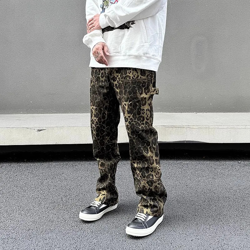 Full Leopard Pocket Vintage Jeans for Men and Women Straight High Street Baggy Casual Denim Trousers Oversize Pantalones Hombre 250120