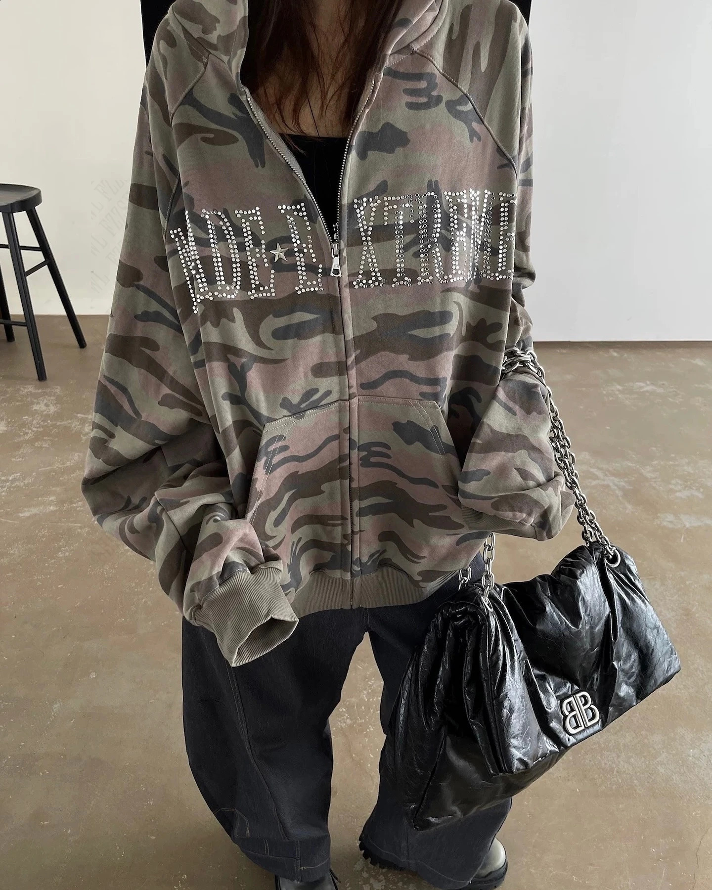 American Subcultures Fashionable Retro Camouflage Diamond Hoodie Women Loose Cardigan Goth Oversized Jacket Y2k Coat emo 250109
