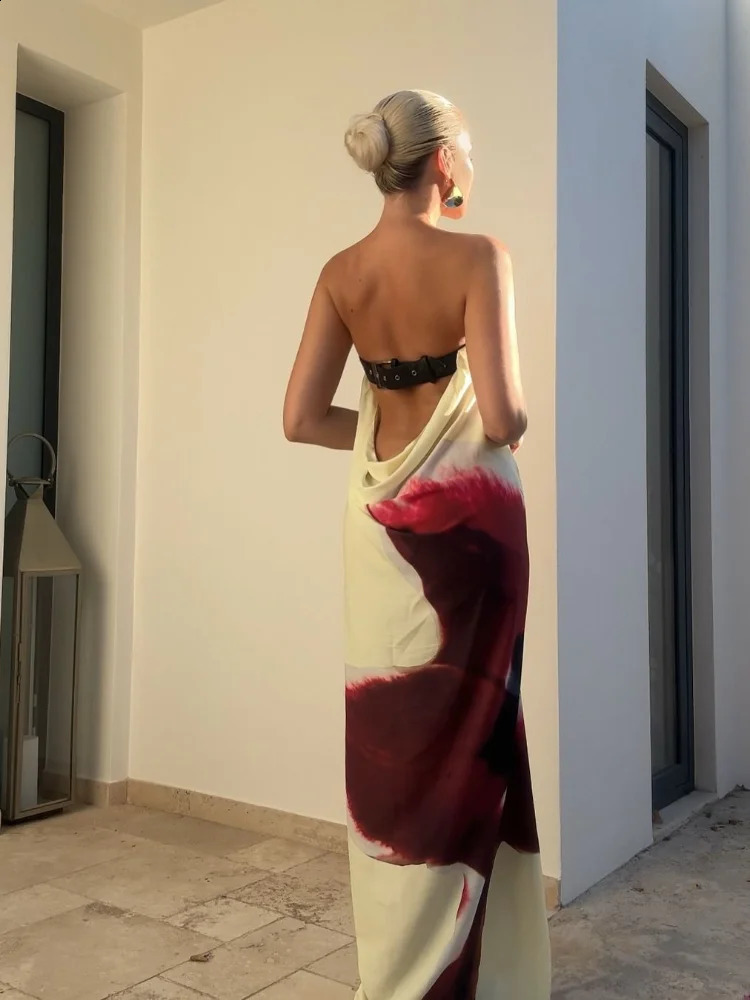 Strapless Back Belt Sleeveless Womens Long Dress Sexy Printed Backless Off Shoulder Dresses Summer Casual Vacation Beach Robes 250122