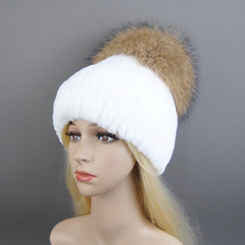 winter warm Rex rabbit fur hat Beanies 100% natural fur hat fashionable knitted leather hat with raccoon fur ball 250109