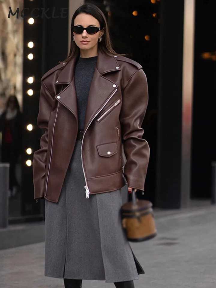 Street Zippers Leather Women Jacket Lapel Full Sleeves Pockets Buttons PU Female Jackets 2024 Autumn Fashion Casual Lady Coats 250113