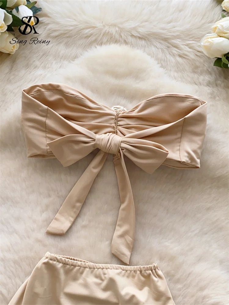 SINGREENY Vacation Styles Female Beach Skirt Sets Strapless Tank TopSplit Skirt Suit Fashion Fold Solid sexy long bikini swimsuit 250110