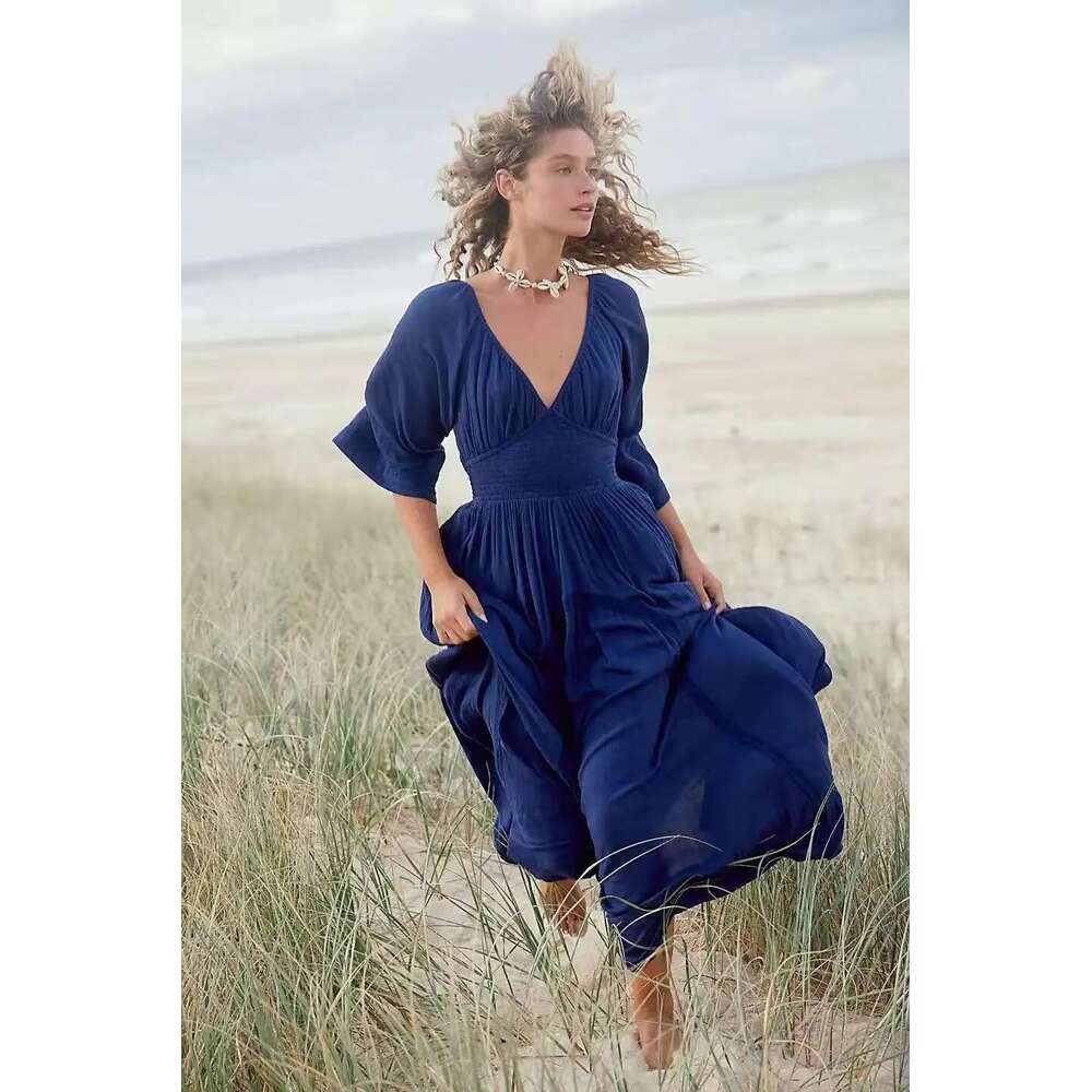 New Arrival Solid Color Long Beach Dress Sexy V-Neck High Waist Chiffon Sundress Flare Sleeve Summer Vestidos Mujer