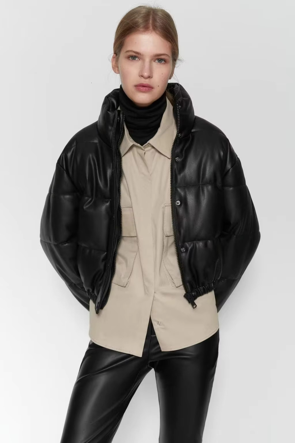 Faux Leather Cotton Jacket Parka Mujer Winter Clothes Women Warm Short Parkas 2023 Green/Black/Khaki Coats