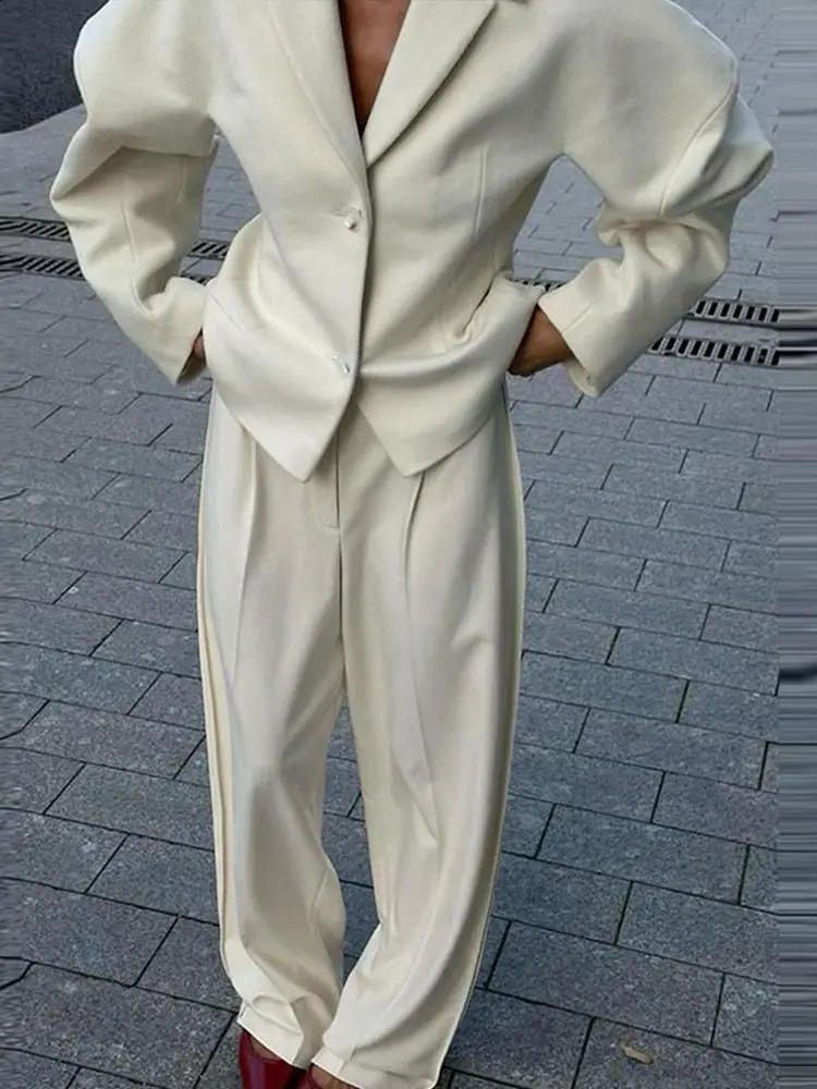 Elegant V-neck Coats Long Pants Womans Set Retro Solid Lapel Single Breasted Coat Straight Sets Female Autumn Chic Outfits 250120