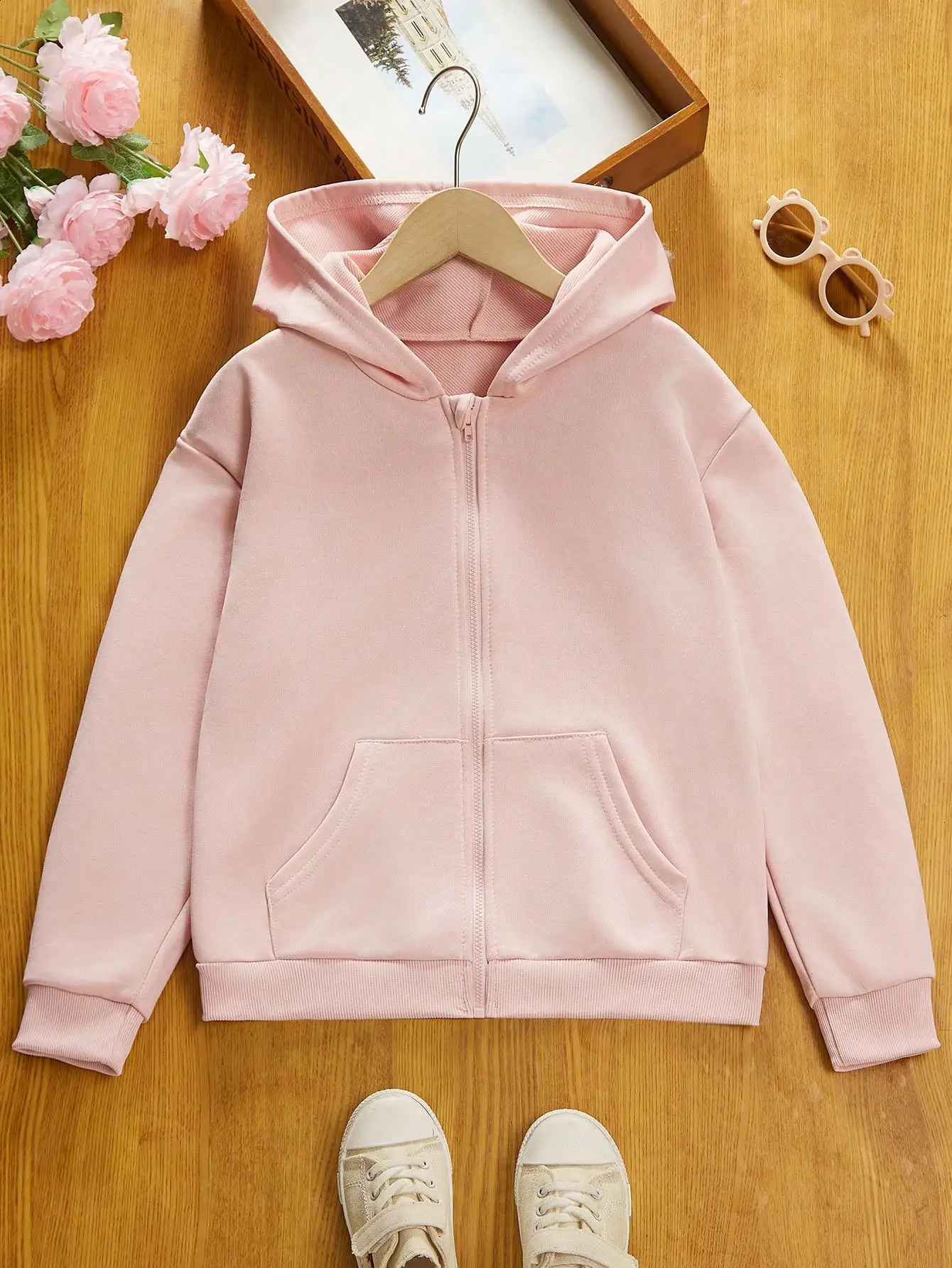 Spring and Autumn Fashion Girls Solid Pink Color Sweet Style Comfortable Zipper Hoodie Tops 250121