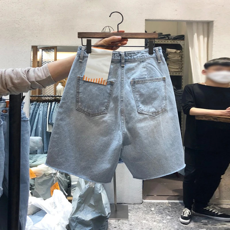 M-4XL Holes Women Short Denim Pants High Waist Summer Wide Leg Pants Zipper Fly Casual Female Jeans Shorts 250118