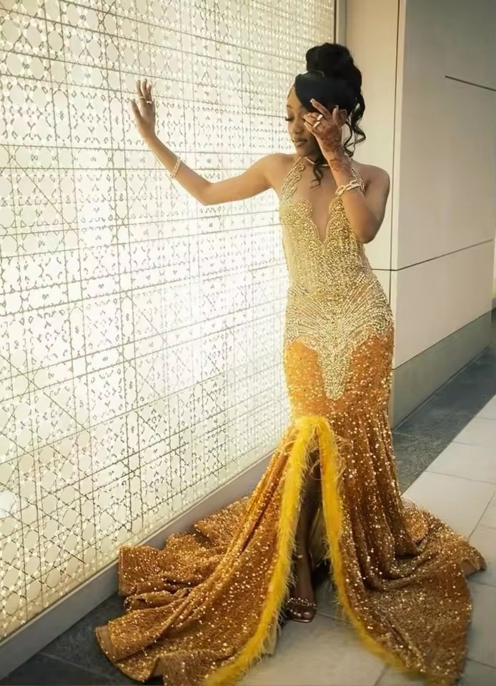 Gold Sequins Mermaid Prom Dresses 2025 With Glitter Crystal Plus Size Evening Ocn Birthday Gowns Customised