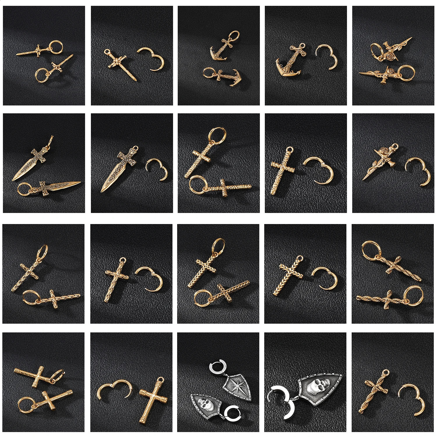 ZS 1Pair Punk Rock Dangle Earrings Stainless Steel Hoop Rings Pendant Earrings for Men Skull Snake Cross Shape Ear Piercing 250120