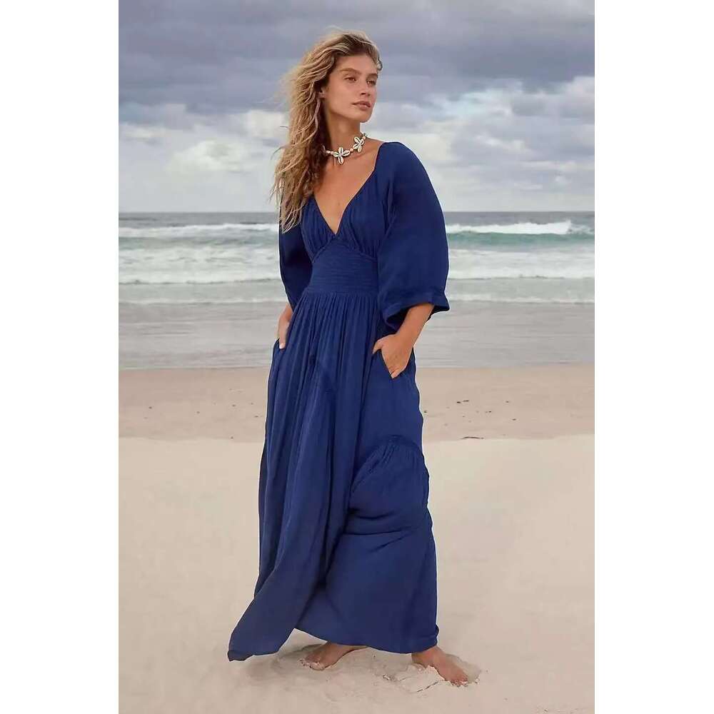 New Arrival Solid Color Long Beach Dress Sexy V-Neck High Waist Chiffon Sundress Flare Sleeve Summer Vestidos Mujer