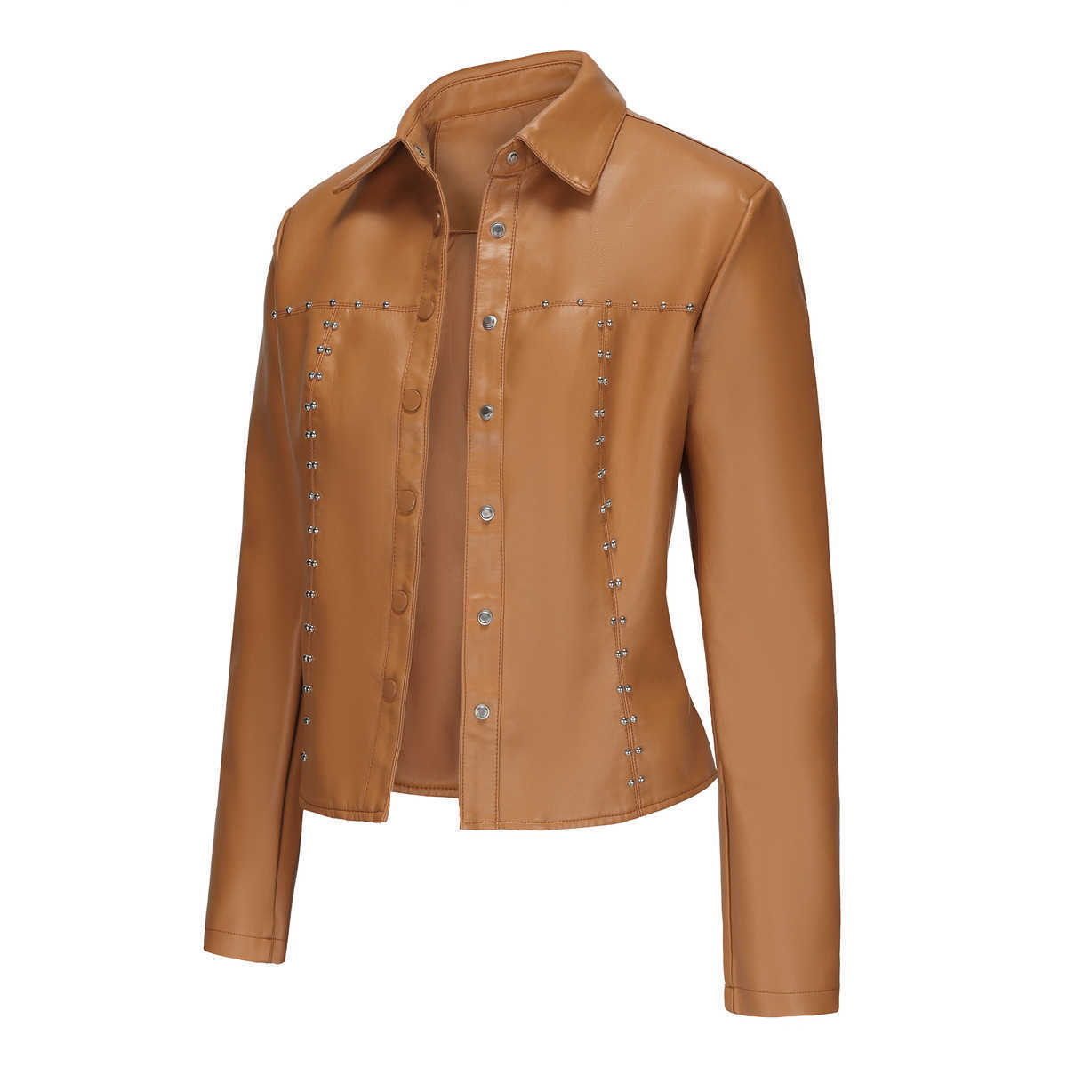 Spring Autumn New Rivet Leather Jacket Cardigan Button Up Leather Jacket Fashion Trend Thin Coat Womens Clothing Womens Leather Womens Jacket 241209
