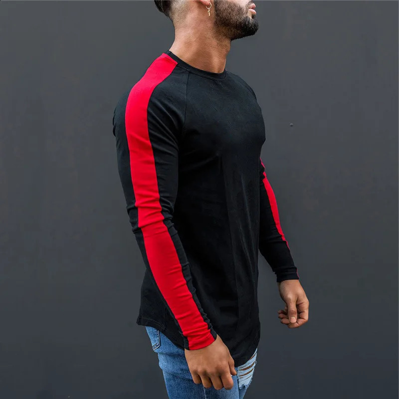 Muscleguys TShirt Men Spring Autumn Long Sleeve ONeck T Shirt Clothing Fashion Patchwork Cotton Tee Tops 250122
