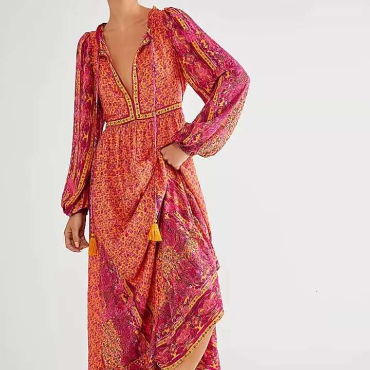 Chiffon Maxi Dress Boho Style Holiday Printing Chic Vestidos Mujer Long Sleeve Free Dresses Ral People Sales Hippie Robes