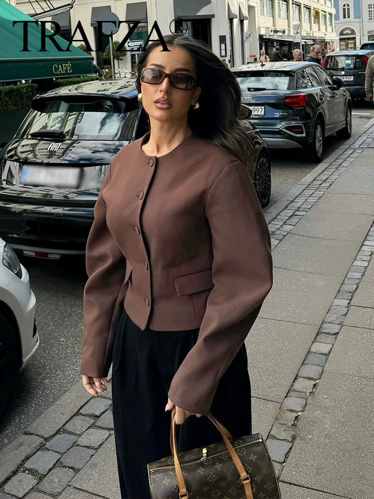 TRAFZA Fashion Retro Woman Solid Brown Jacket Women Chic Tops Long Sleeve Single Breasted O-Neck Pocket Casual Loose Short Coat 250122