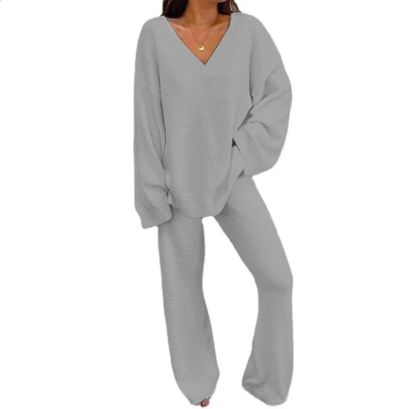 Autumn Winter Warm 2 Piece Outfits Women Long Sleeve V-neck Top Pullover And Casual Pants Set Elegant Tracksuits Loungewear 250122