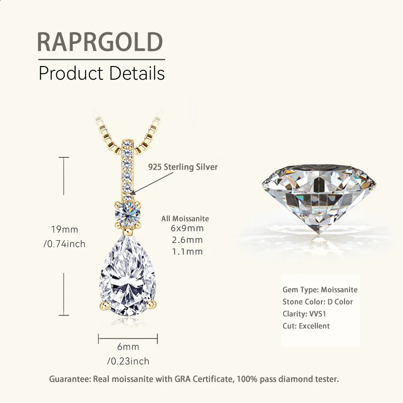 RAPRGOLD GRA Certified Pear Cut Pendant Necklaces for Women 925 Sterling Silver Chains Wedding Jewelry Gifts Collares 250121