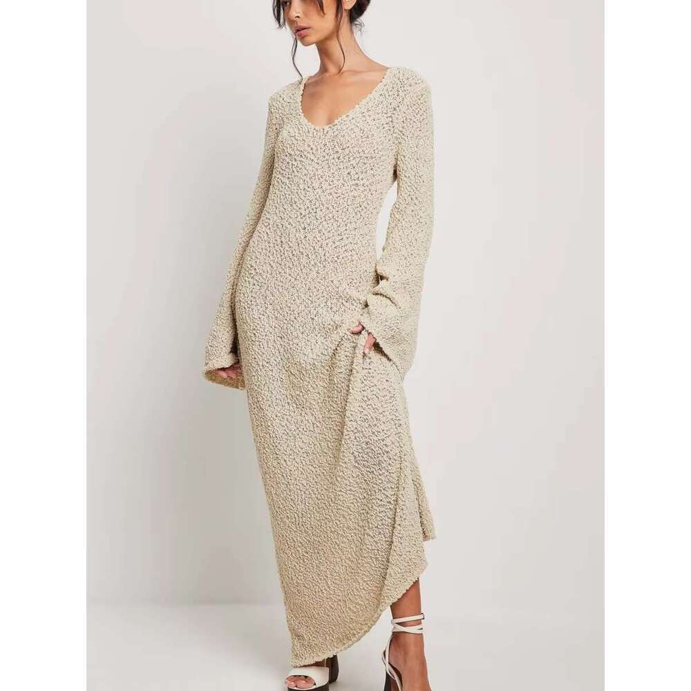 Transparent Knitted Long Women Vintage Fashion Full Sleeve U Collar Maxi Dress Female Casual Simple Summer Holiday Robe