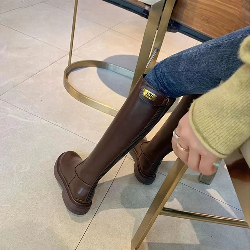 Leather Long Boots for Women Round Toe Elegant with Low Heels Knee High Shaft Shoes Woman Spring Autumn Y2k Boot Sale 250118