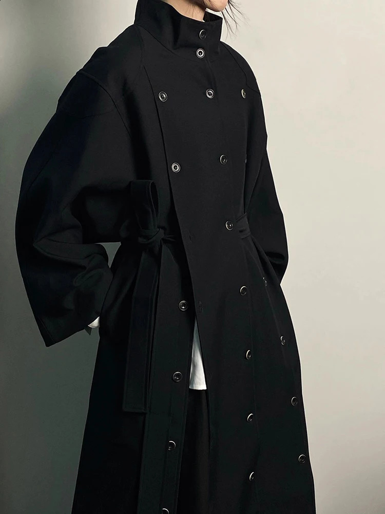 EAM Women Black Irregular Slit Big Size Trench Stand Collar Long Sleeve Windbreaker Fashion Spring Autumn 2025 1DH0755 250118