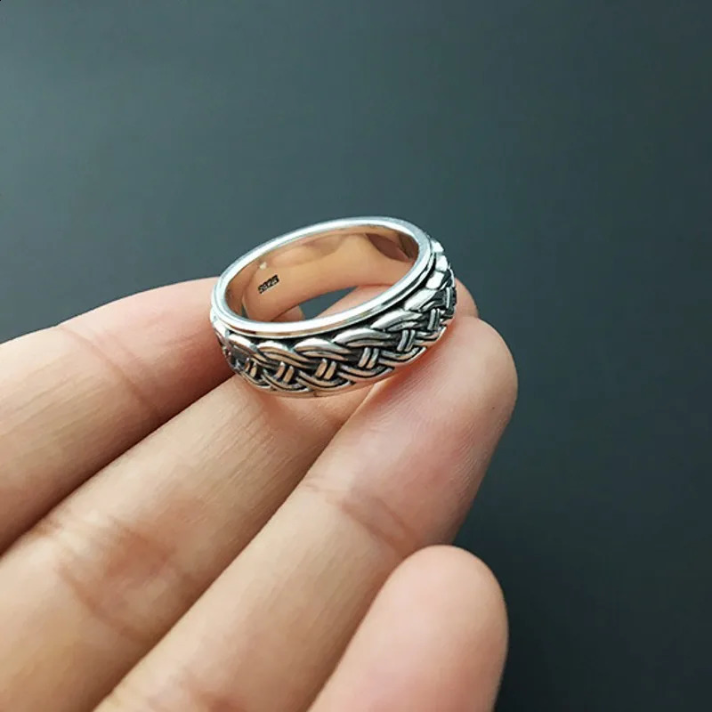 BOCAI Real S925 Sterling Silver Jewelry Fashion Retro Thai Man Ring Hemp Rope Simple Rotating Turn to Good Luck 250117