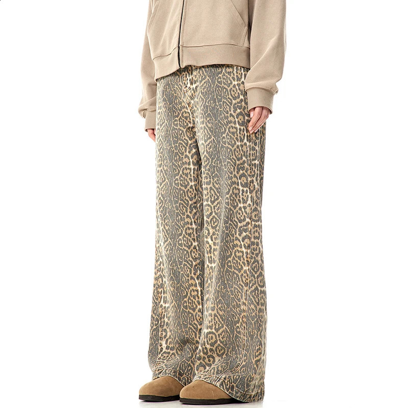 IEFB Leopard Pattern Jeans Mens Streetwear Wide Leg Casual Trousers American Style Straight Loose Male Denim Pants 9W323 250120