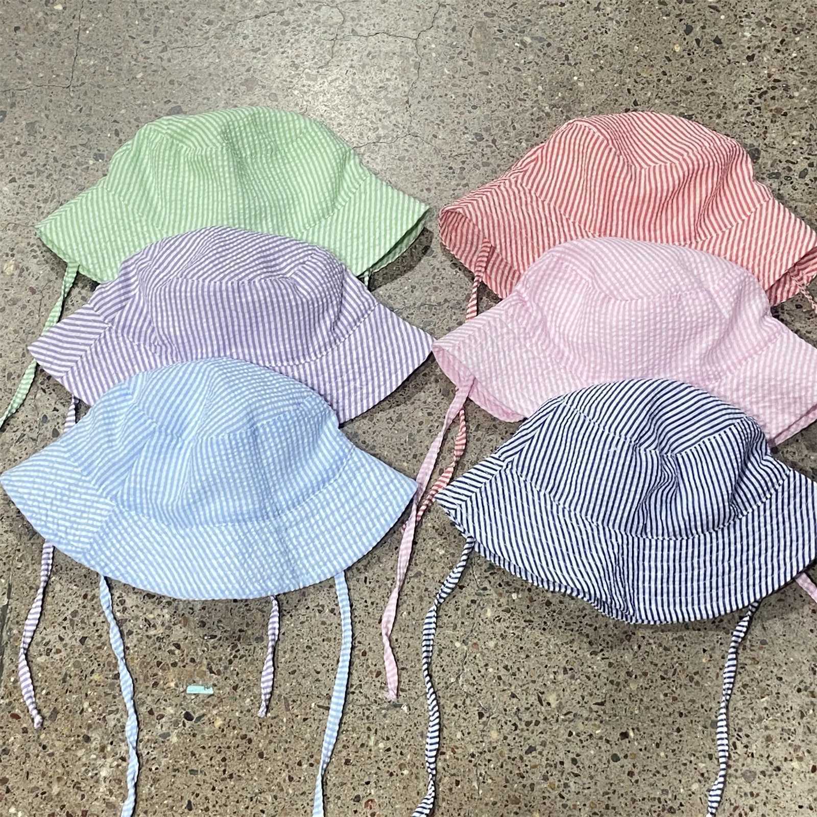 Striped Seersucker Summer Hat For Kids With Wide Brim Bucket Cap 50+ SPF Protective Breathable Folding M250121