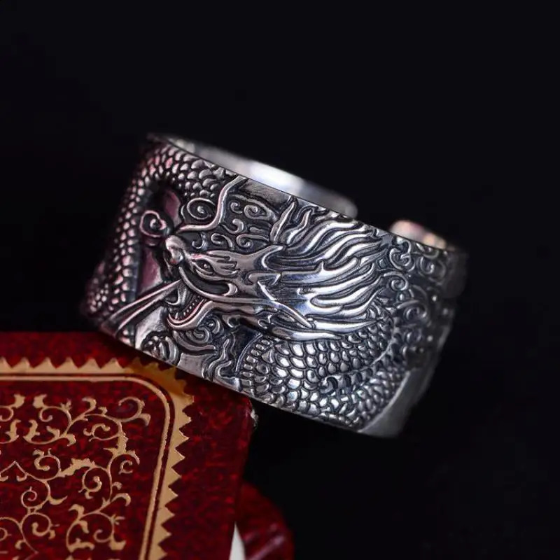 Real 925 Pure Silver Mens Biker Rings With Flying Dragon Vintage Punk Style Heart Sutra Engraved Buddhism Animal Jewelry 250117