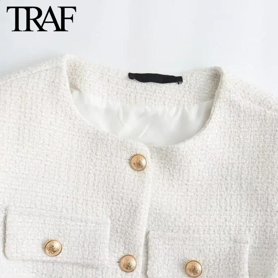 TRAF Women Fashion Spring Flip Pocket Jacket Singlebreasted Crewneck Tweed Short Coats Chic Ladies Tops Mujer 250122
