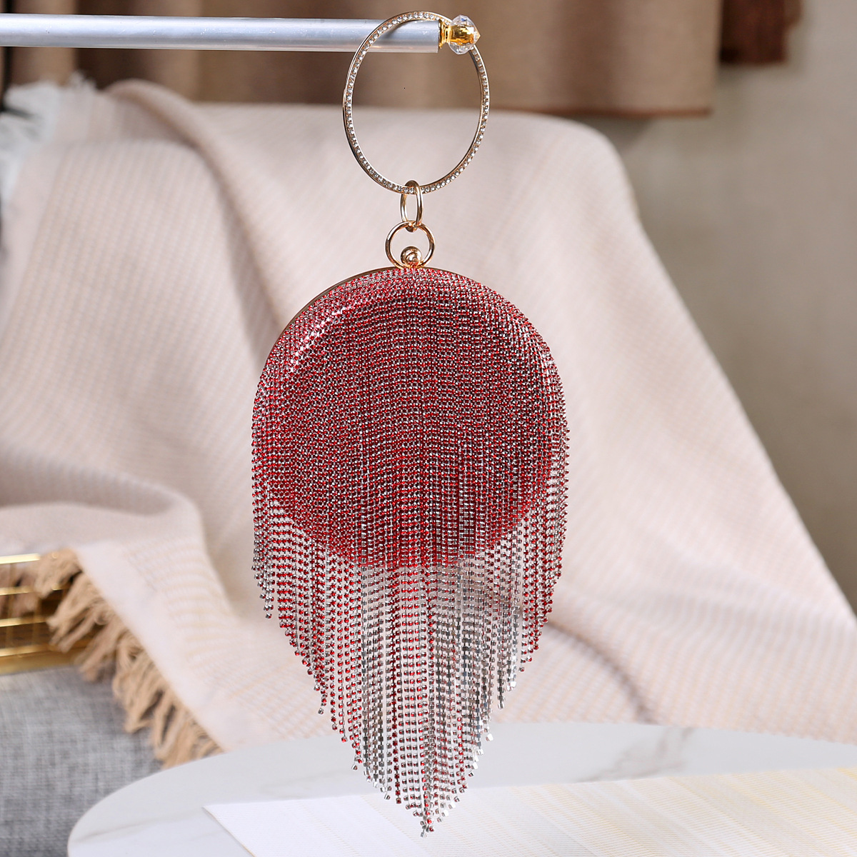 new style New Flat Spherical Tassel Rhinestone Dinner Handbag Women's Dress Chain Bag Xiyin Same Style