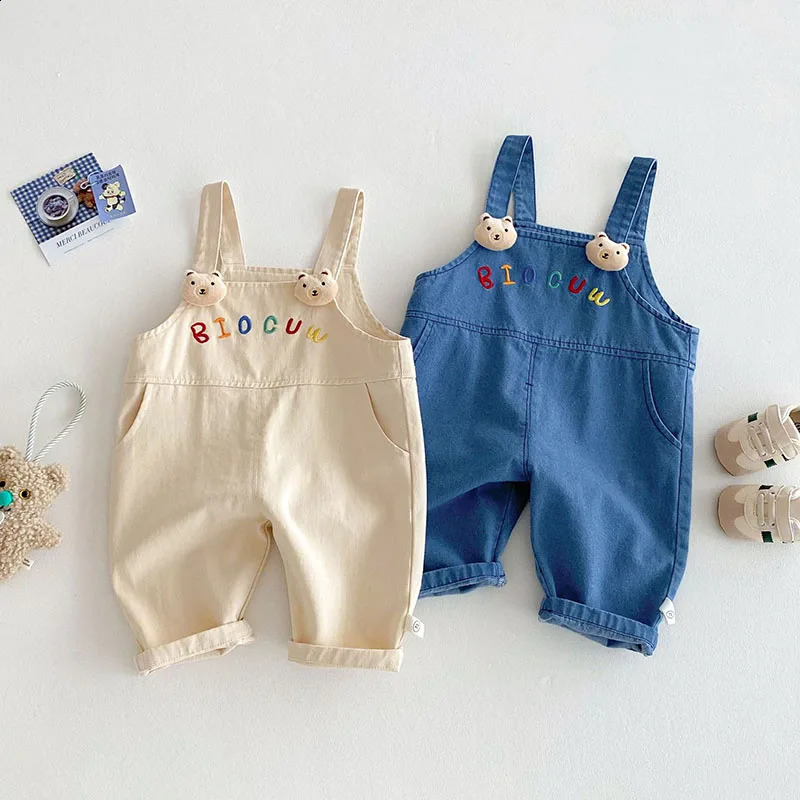 05T Embroidered Letter Cartoon Children Infant Cute Denim Jeans Sweet Loose Casual Girl Boys Pants Strap Overalls 250117