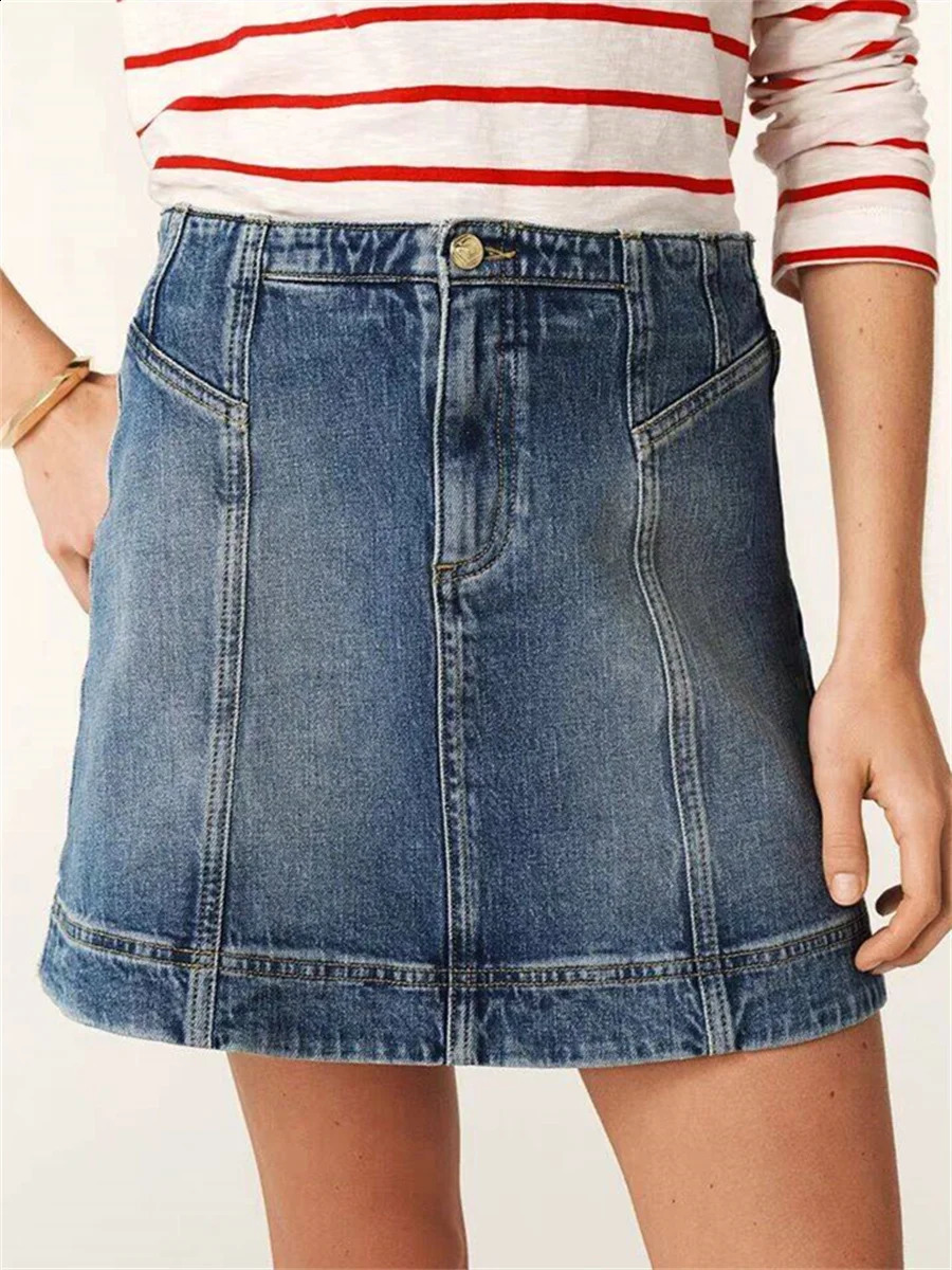 Spring Women Blue Denim Set Tweed Trim Oneck Letter y Jacket or Aline Mini Skirt Lady Fashion Suit 250122