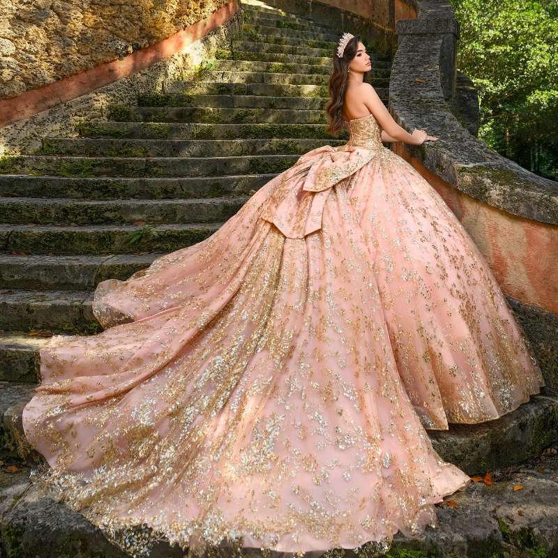 Pink Quinceanera Dresses Ball Gown Off Shoulder Gold Sequin Appliques Lace Beads Bow Tull Corset Birthday Party Sweet 16 Dress Vestidos 15 Anos