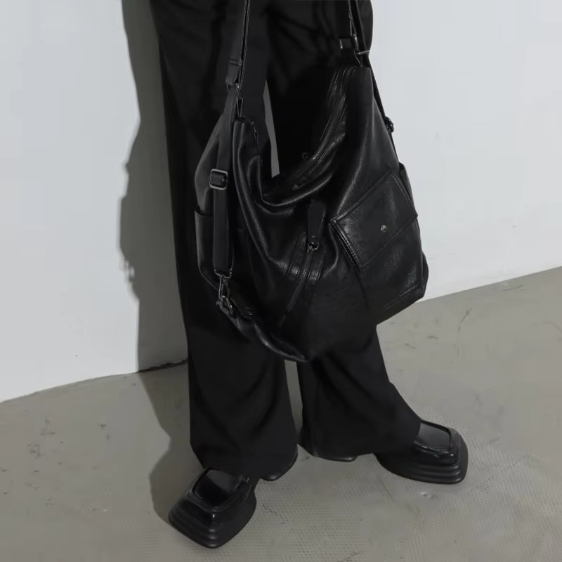 Original Brand Korean Japan Black Bag Large Capacit Multi-Pocket Soft Leather Lady Backpack Zone Retro Function Shoulder Totebag