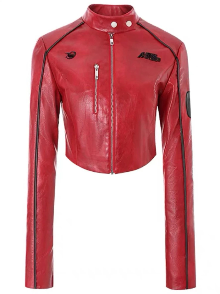 American Vintage Coats for Women Stand Neck Zipper PU Leather Short Jackets Spring Autumn Female Slim Y2k Clothing 250118