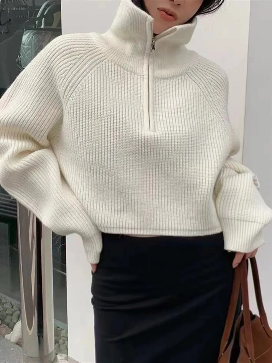 Quarter Zip Knit Sweater Cozy High Collar Long Sleeve Crop Jumper Pullover Women Teenage Fall Winter 250117