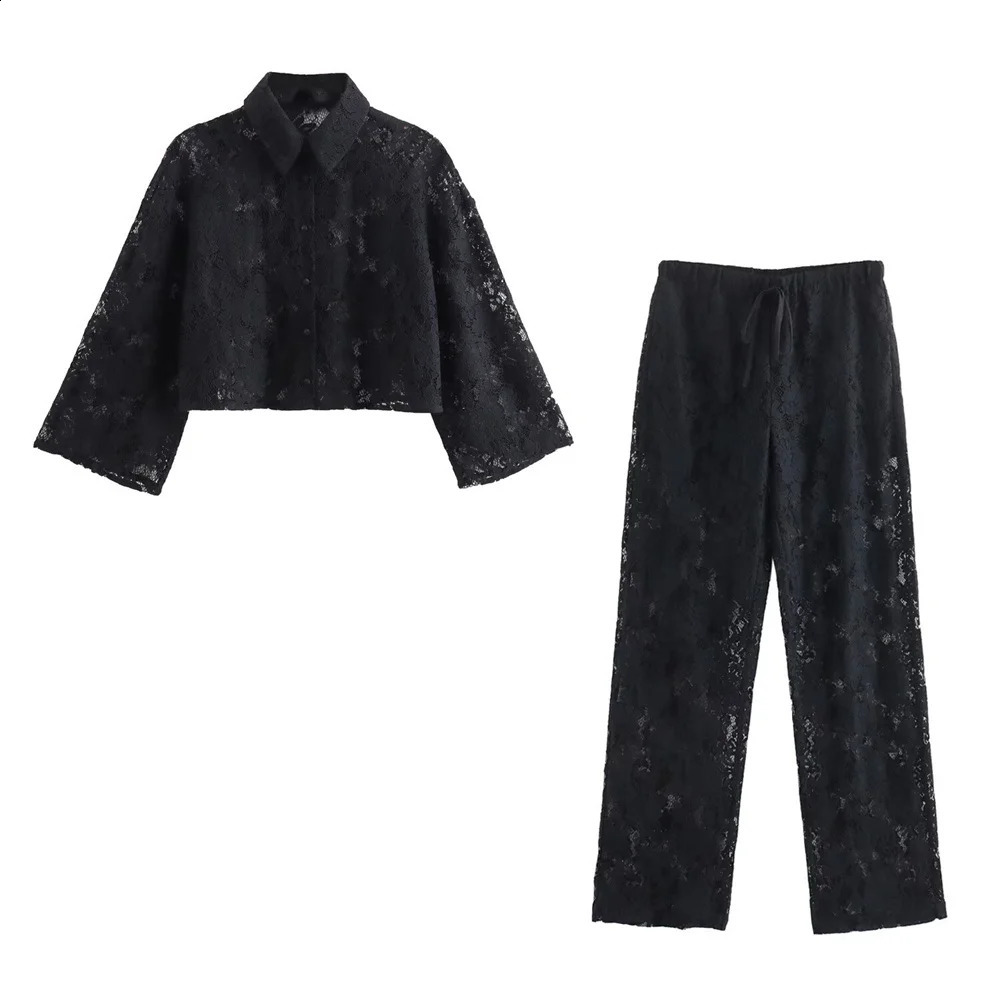 Zach Ailsa 2024 Summer Womens Casual Polo Necklace Long Sleeve Lace Set Coat High Waist Pants 250122