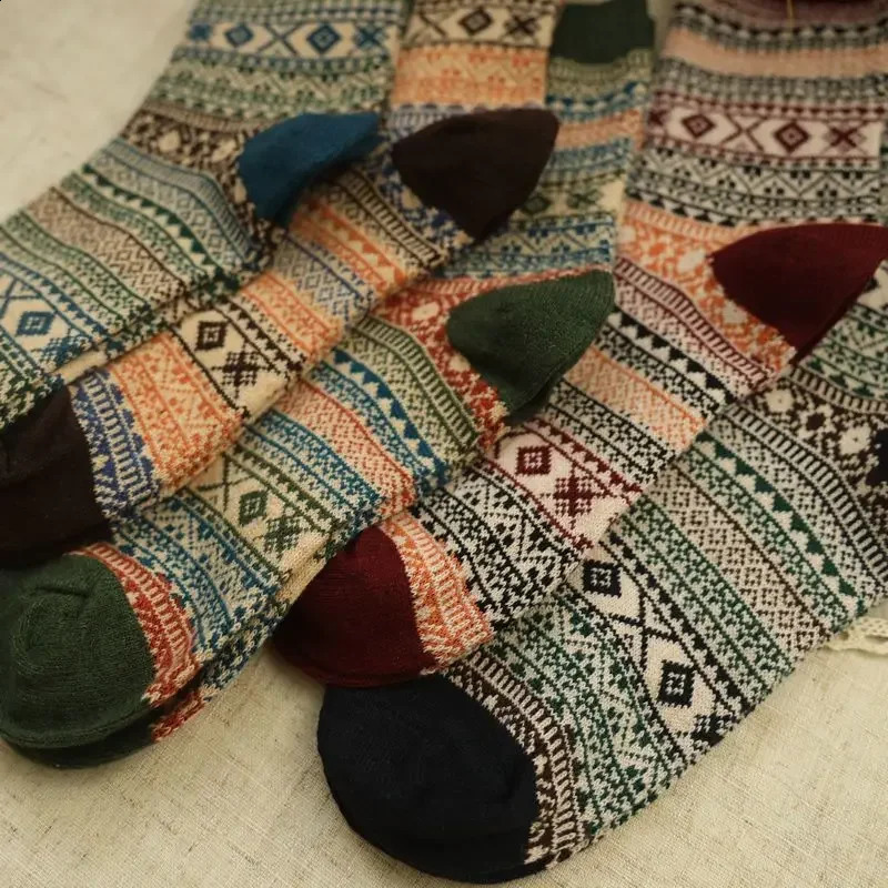 5pairs Soft Comfortable Medium Tube Socks Summer Thin Thick Line Rhombus Ethnic Style Stockings 250121