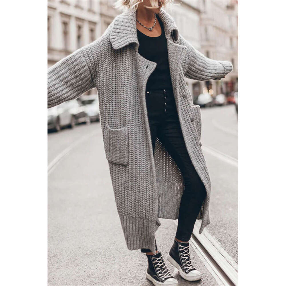 Women's Autumn And Winter Maxi Cardigans Single Breasted Oversized Sweaters Solid Color Large Collar Boho Long Knitwear