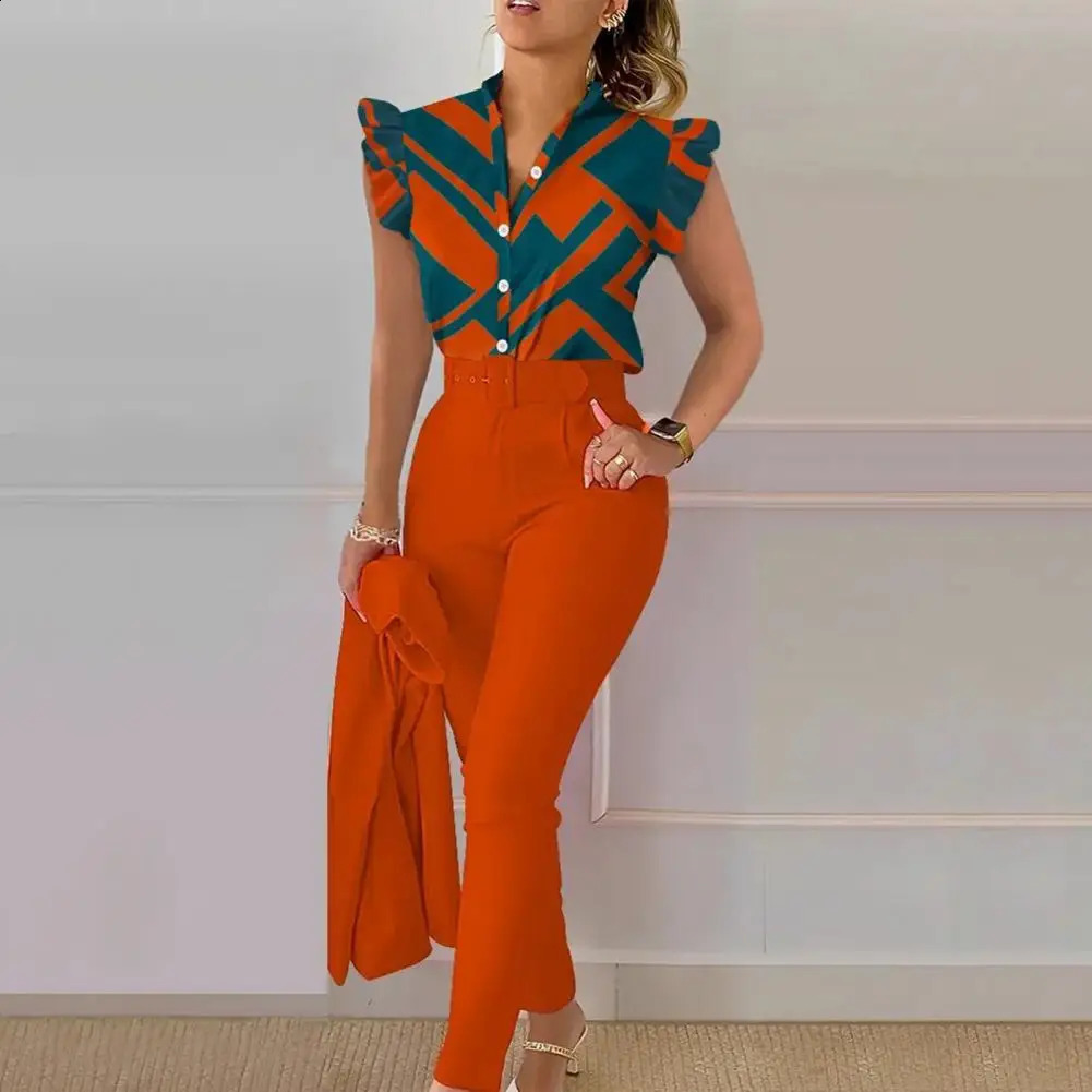 Womens shirt Trouser set elegant womens office suit Vneck high waisted pants waist belt fashionable color matching suitable for work 250122