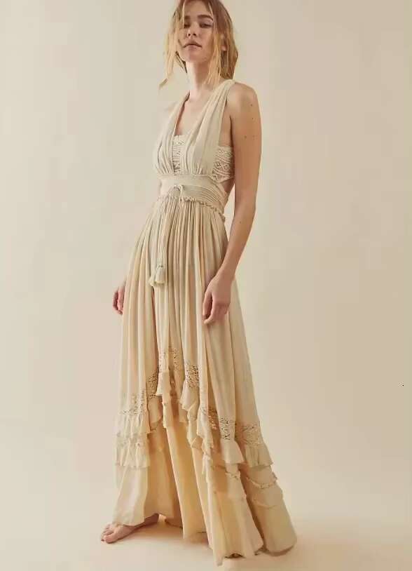 Summer Beach Dress Sleeveless Cotton Maxi Dresses Boho Style Solid Color Lace Ruffled Sundress Mujer Vestidos