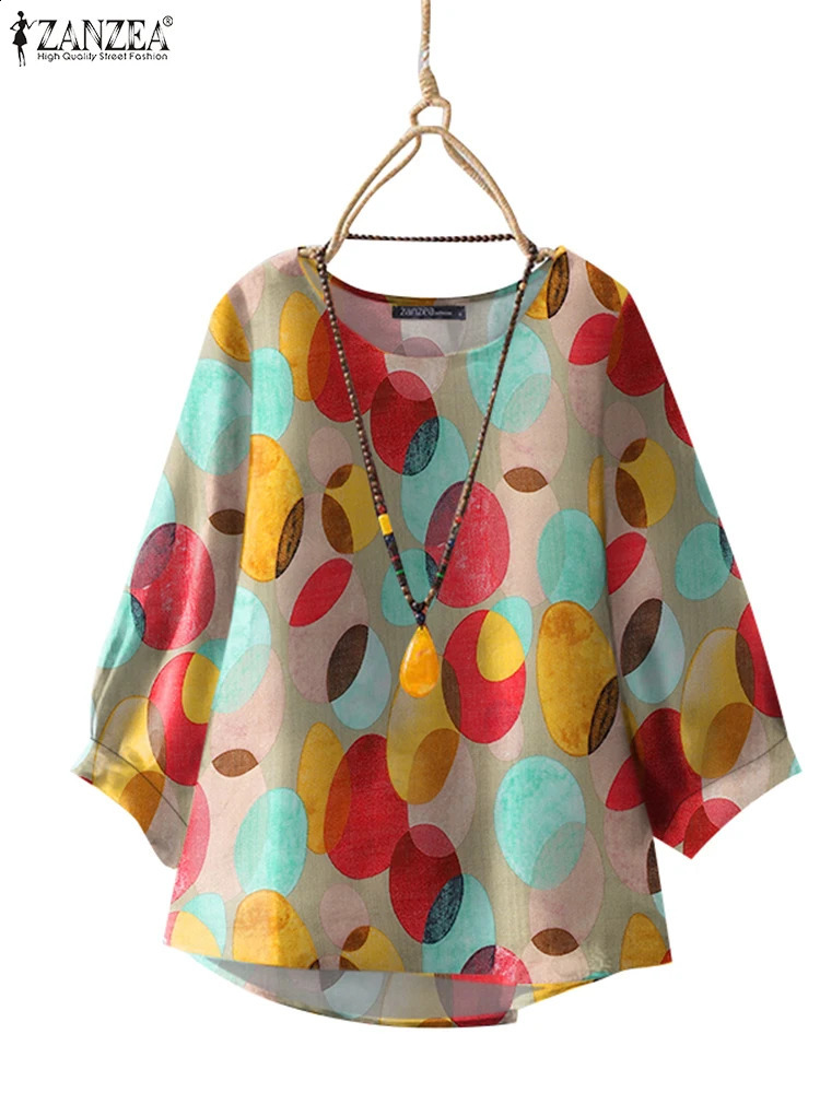 ZANZEA Vintage Polka Dot Blouse Fashion Summer 34 Sleeve Tops 2025 Irregular Hem Round Neck Shirt Chic Holiday Colorful TOP 250122
