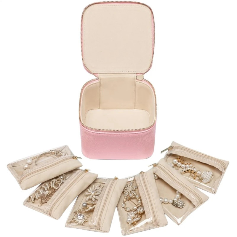 Portable Jewelry Storage Box Zipper Velvet PU Earrings Necklace Storage Box with 6 Pouch pendant Rings Jewelry bag Solid Color 250117