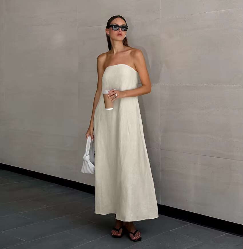 Solid Color Elegant New Off Shoulder Sleeveless Backless Pocket Long Lady Summer Casual Holiday Strapless Dress