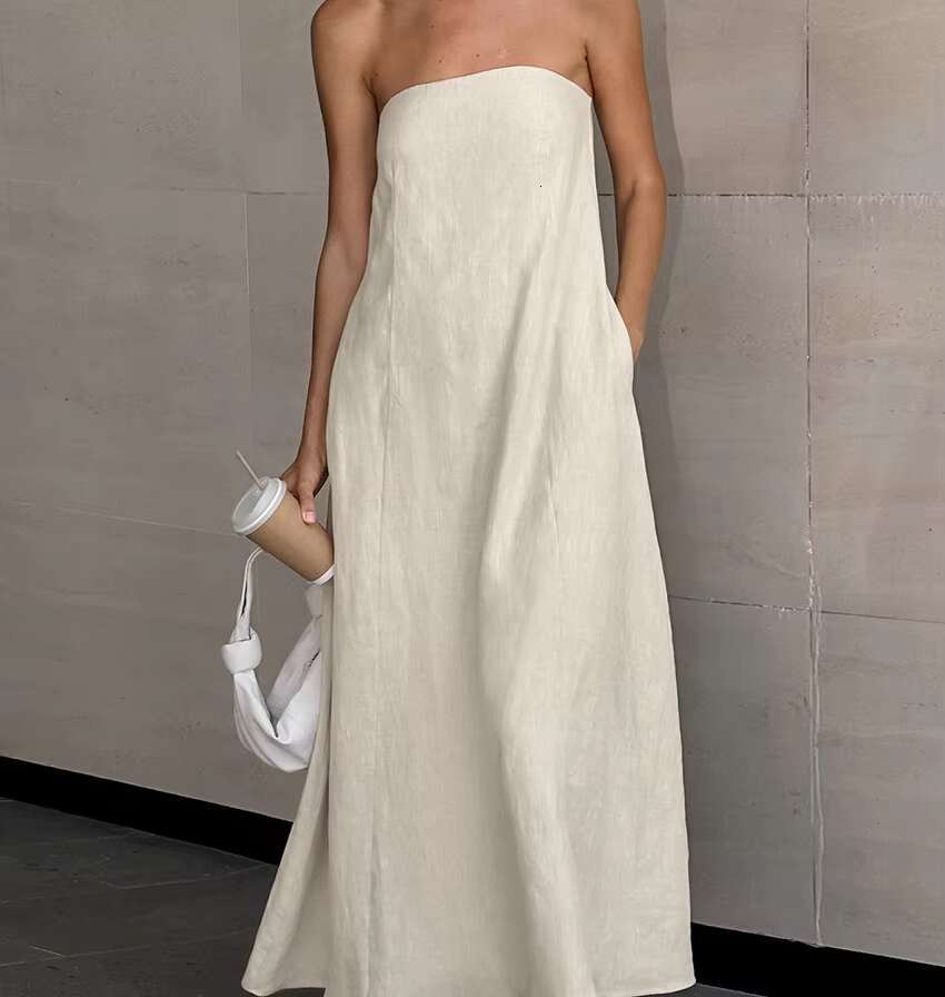 Solid Color Elegant New Off Shoulder Sleeveless Backless Pocket Long Lady Summer Casual Holiday Strapless Dress