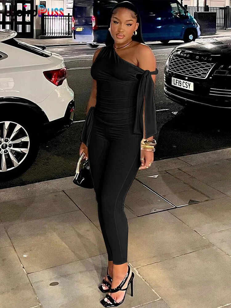 Weird Puss Chic Elegant 2 Piece Set Women Tracksuit Skew Collar Ribbon Tank TsopLeggings Casual Skinny Stretch Matching Outfits 250113