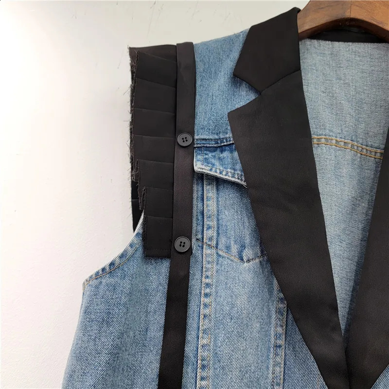 Vintage Blue Suit Collar Splicing Denim Vest Women Loose Long Waistcoat Cowboy Sleeveless Jacket Coat Pocket Jeans Vest Female 250122